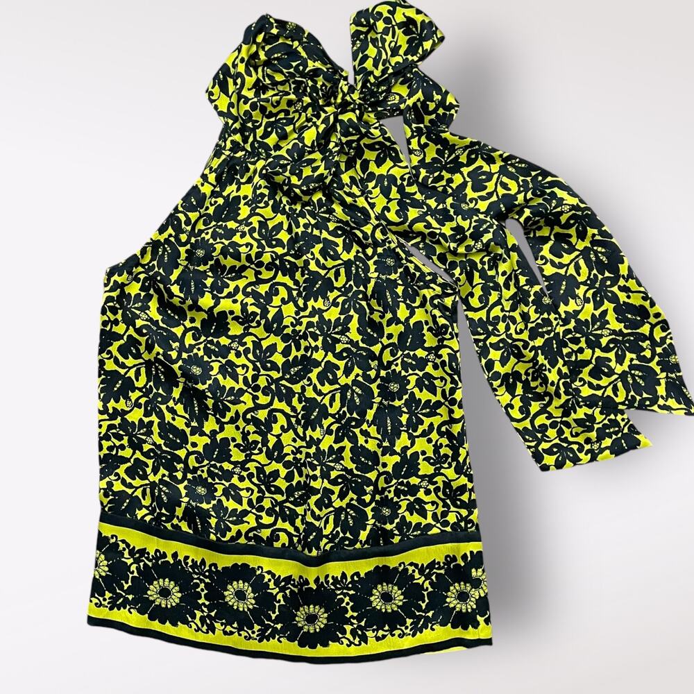 Diane von Furstenberg VTG Silk Halter Top Yellow Black Floral Tie Neck Size 2
